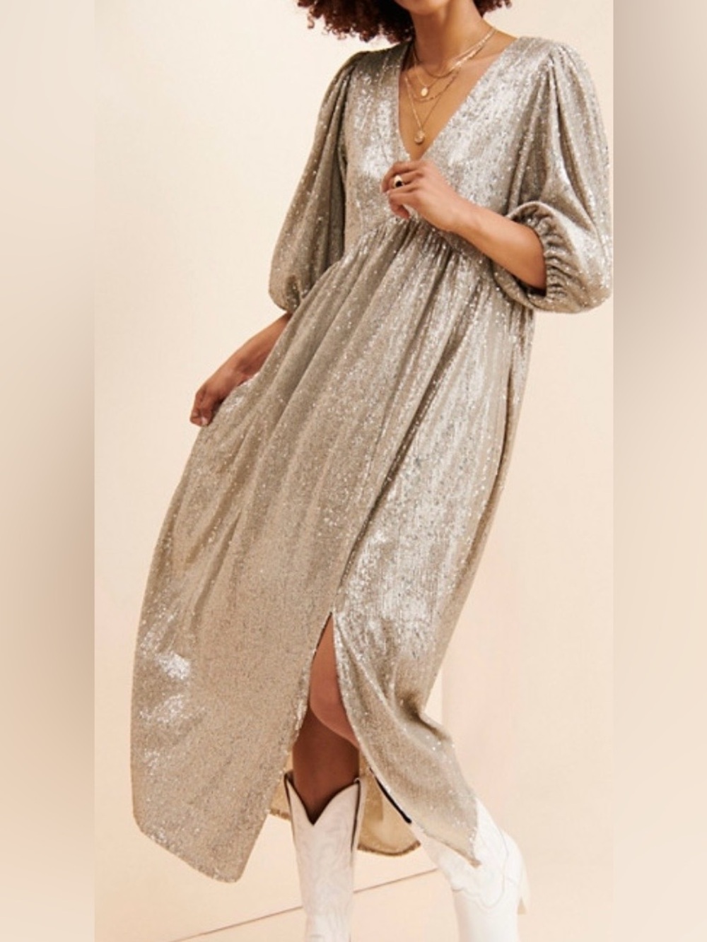 Saltwater Luxe Wren sequin champagne gold maxi dress size small